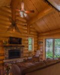 Log Living room with fireplace, Apple tv, Views of river